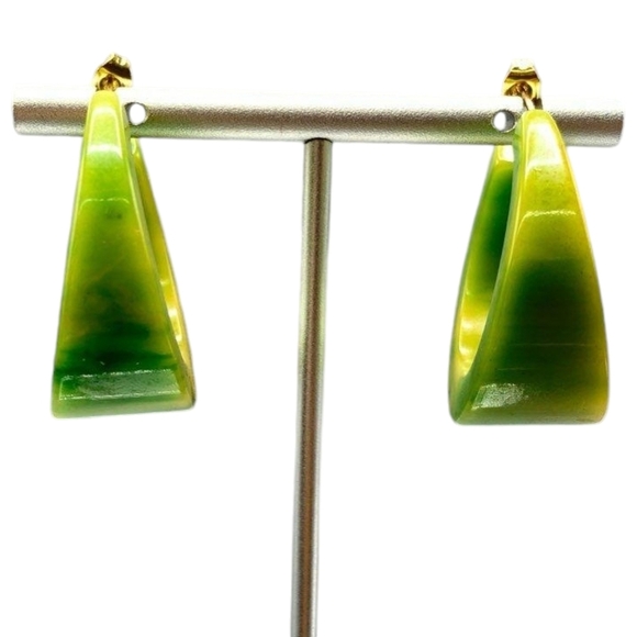 BAKELITE End of Day Marbled Bracelet & Earrings Green, Gold, Black Vintage Set - Picture 5 of 16